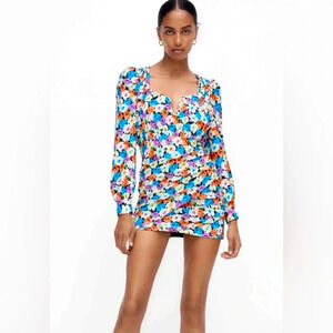 Zara Multicolor Floral Print Ruched Sexy Mini Dress Size US XS